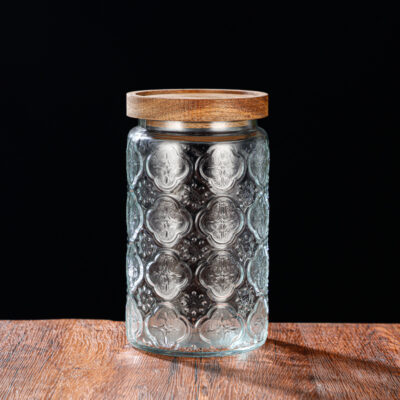RX031 Embossed Decorative Glass Storage Jar with Wood and Bamboo Lids