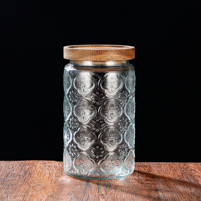 RX031 Embossed Decorative Glass Storage Jar with Wood and Bamboo Lids