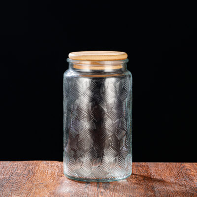 RX031 Embossed Decorative Glass Storage Jar with Wood and Bamboo Lids