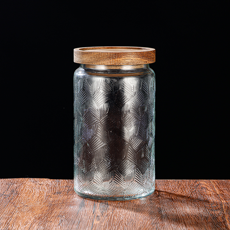 RX031 Embossed Decorative Glass Storage Jar with Wood and Bamboo Lids