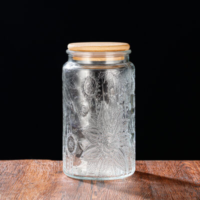 RX031 Embossed Decorative Glass Storage Jar with Wood and Bamboo Lids