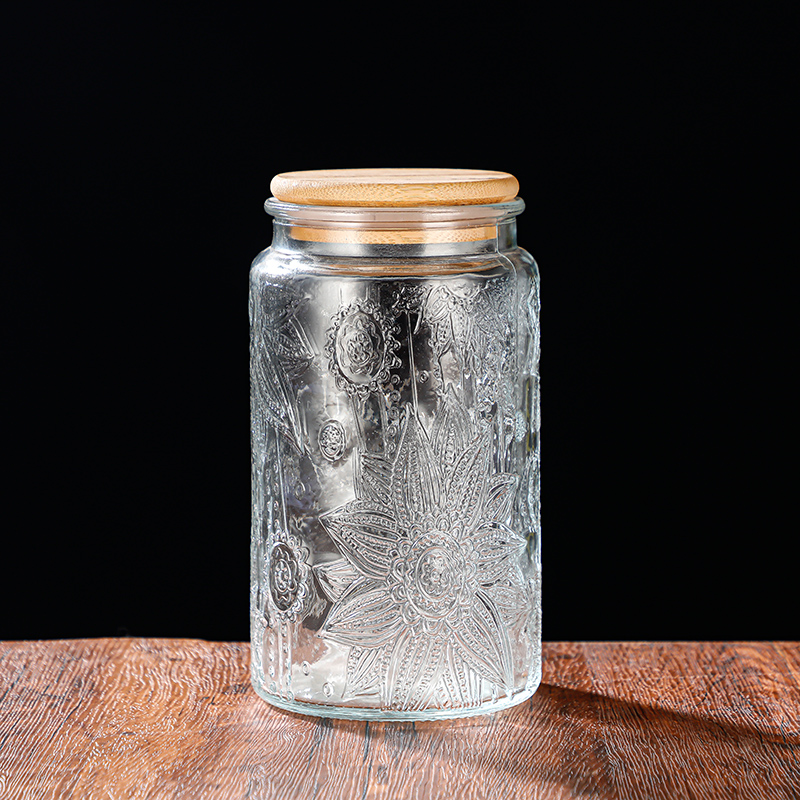 RX031 Embossed Decorative Glass Storage Jar with Wood and Bamboo Lids