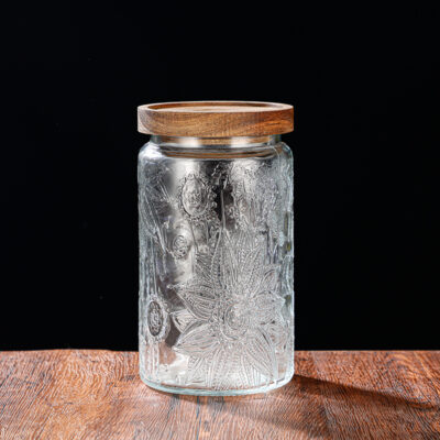 RX031 Embossed Decorative Glass Storage Jar with Wood and Bamboo Lids