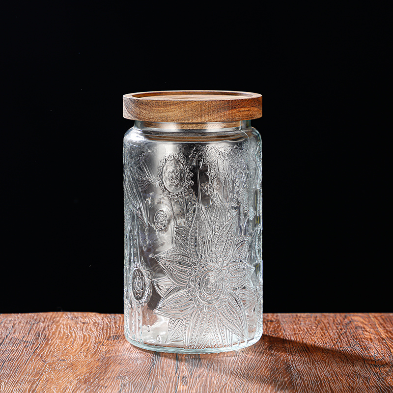RX031 Embossed Decorative Glass Storage Jar with Wood and Bamboo Lids