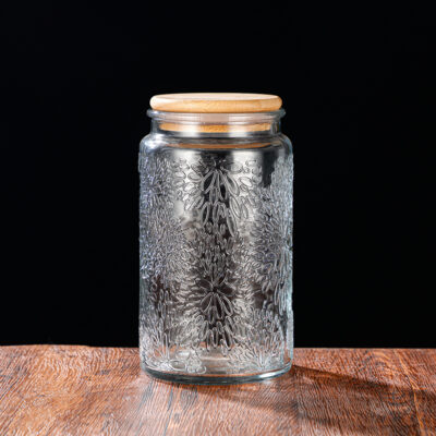 RX031 Embossed Decorative Glass Storage Jar with Wood and Bamboo Lids
