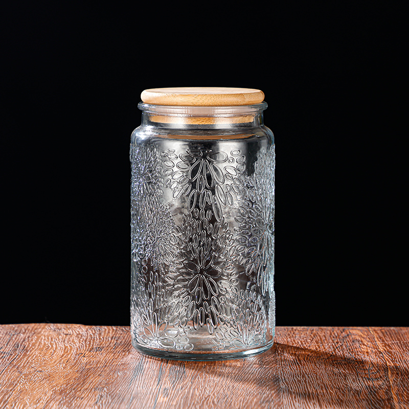 RX031 Embossed Decorative Glass Storage Jar with Wood and Bamboo Lids
