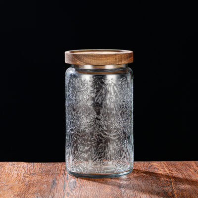 RX031 Embossed Decorative Glass Storage Jar with Wood and Bamboo Lids