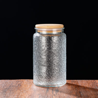 RX031 Embossed Decorative Glass Storage Jar with Wood and Bamboo Lids