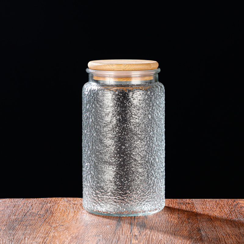 RX031 Embossed Decorative Glass Storage Jar with Wood and Bamboo Lids