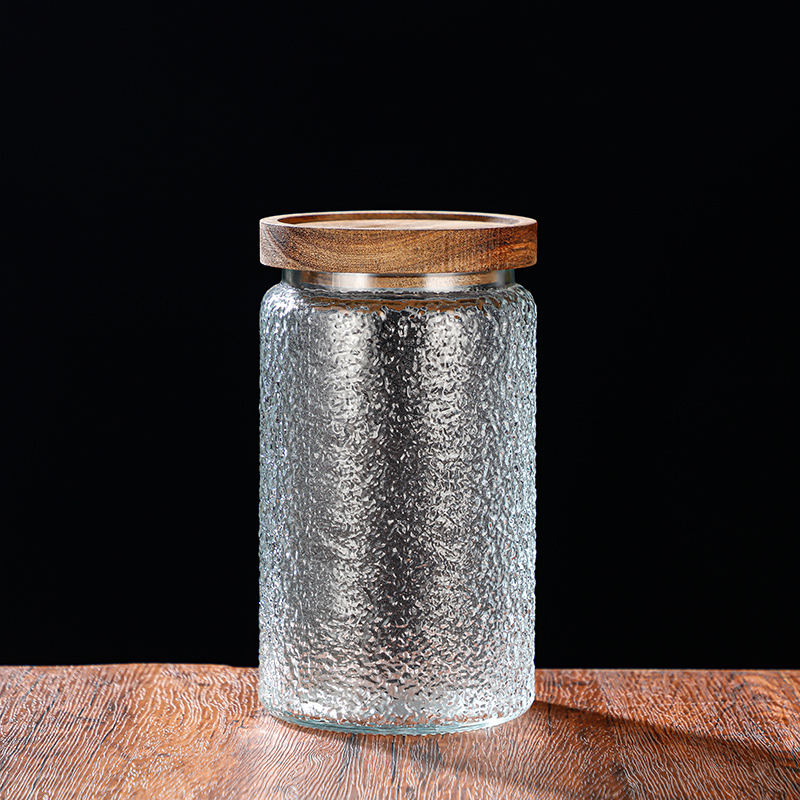 RX031 Embossed Decorative Glass Storage Jar with Wood and Bamboo Lids