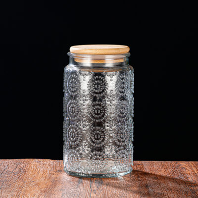 RX031 Embossed Decorative Glass Storage Jar with Wood and Bamboo Lids