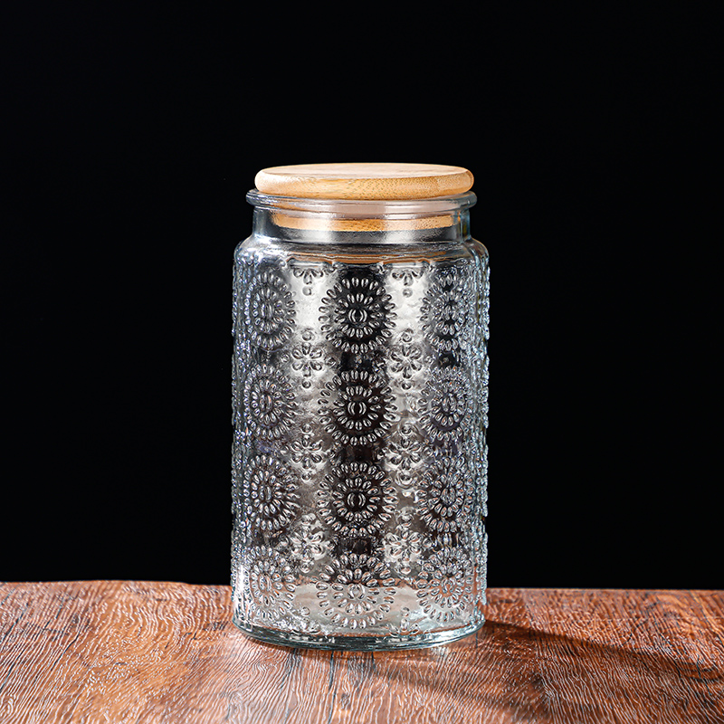 RX031 Embossed Decorative Glass Storage Jar with Wood and Bamboo Lids