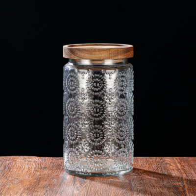 RX031 Embossed Decorative Glass Storage Jar with Wood and Bamboo Lids