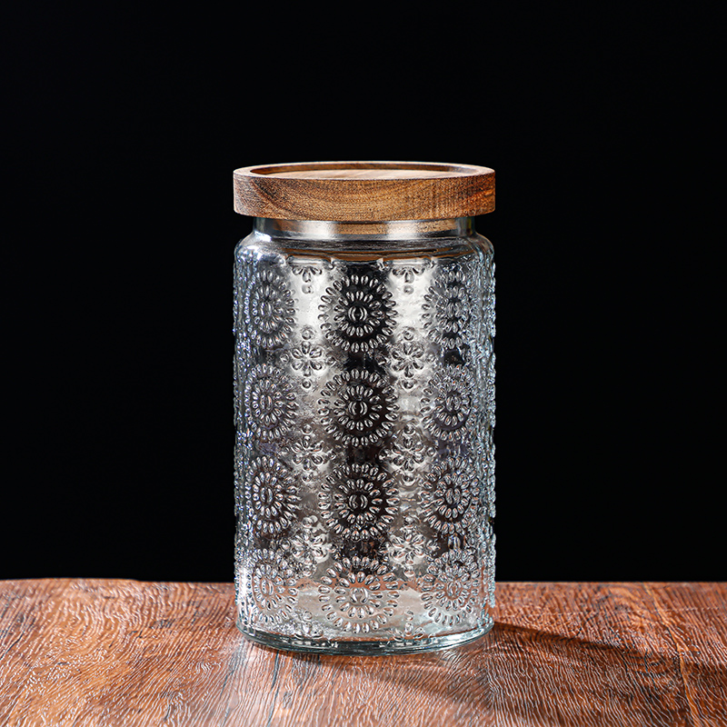 RX031 Embossed Decorative Glass Storage Jar with Wood and Bamboo Lids