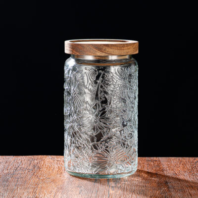 RX031 Embossed Decorative Glass Storage Jar with Wood and Bamboo Lids