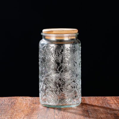 RX031 Embossed Decorative Glass Storage Jar with Wood and Bamboo Lids