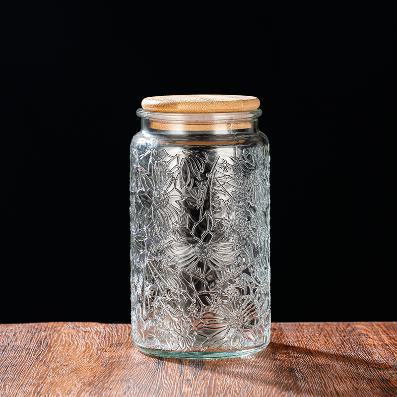 RX031 Embossed Decorative Glass Storage Jar with Wood and Bamboo Lids