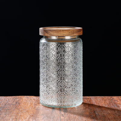 RX031 Embossed Decorative Glass Storage Jar with Wood and Bamboo Lids