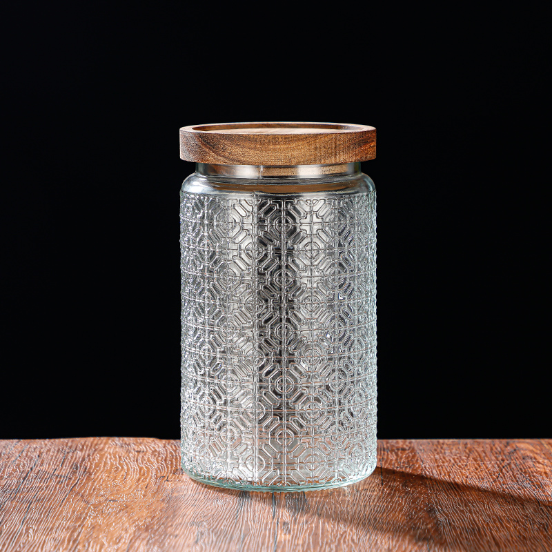 RX031 Embossed Decorative Glass Storage Jar with Wood and Bamboo Lids