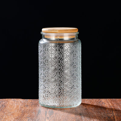 RX031 Embossed Decorative Glass Storage Jar with Wood and Bamboo Lids