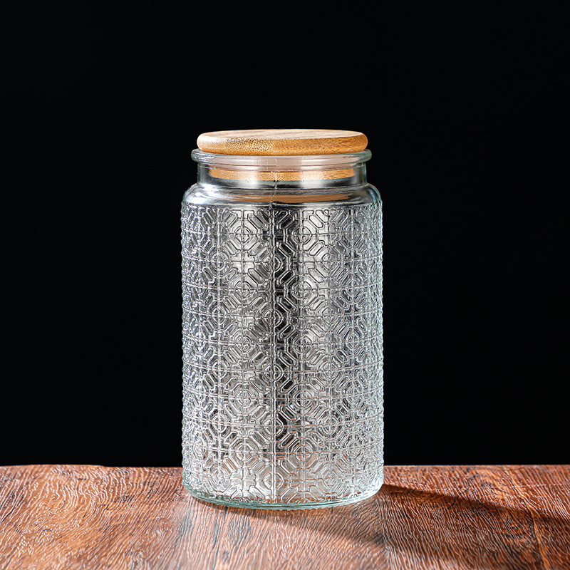 RX031 Embossed Decorative Glass Storage Jar with Wood and Bamboo Lids