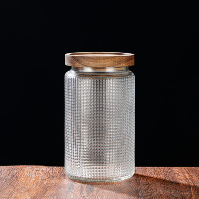 RX031 Embossed Decorative Glass Storage Jar with Wood and Bamboo Lids