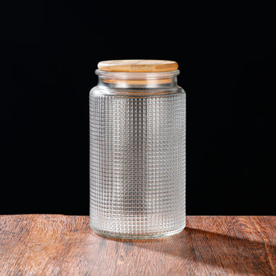 RX031 Embossed Decorative Glass Storage Jar with Wood and Bamboo Lids