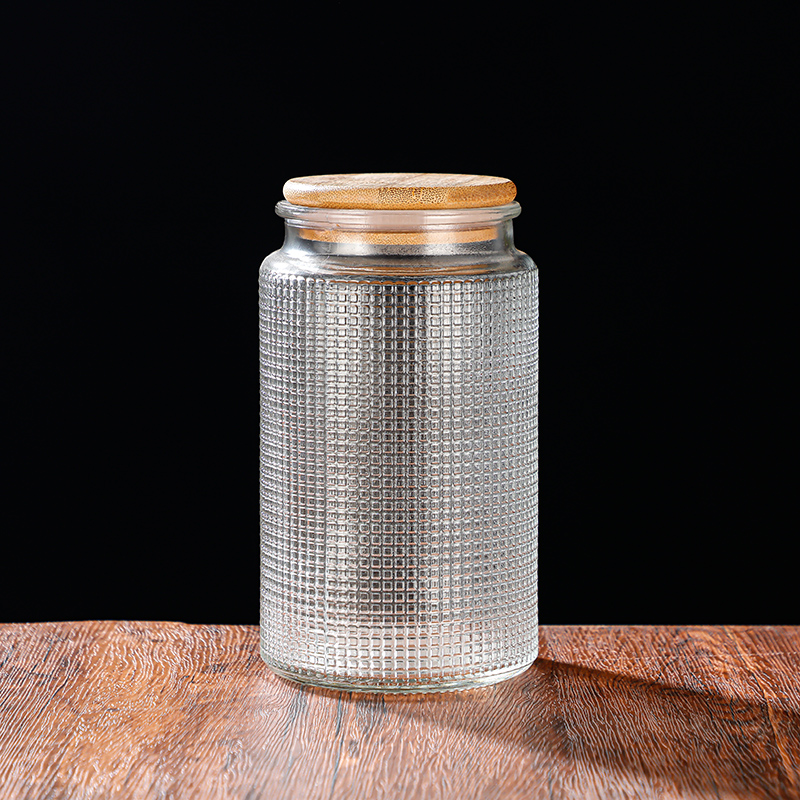 RX031 Embossed Decorative Glass Storage Jar with Wood and Bamboo Lids