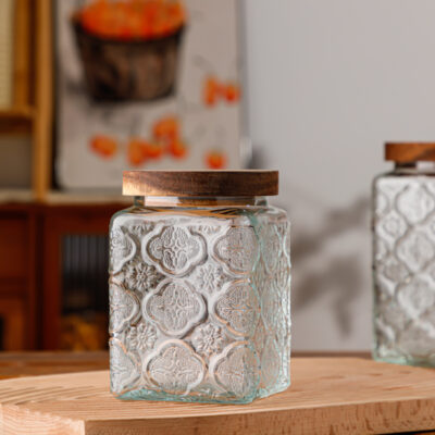RX036 Vintage Relief Glass Storage Jar - Square & Round Shapes with Wood Lid