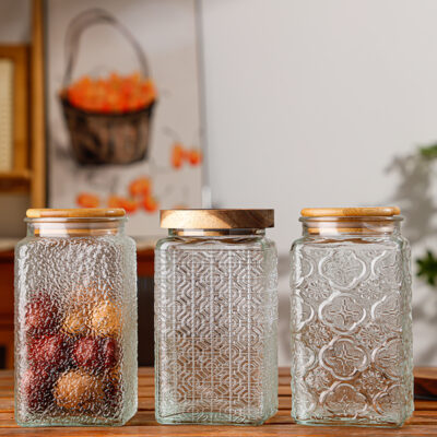 RX036 Vintage Relief Glass Storage Jar - Square & Round Shapes with Wood Lid