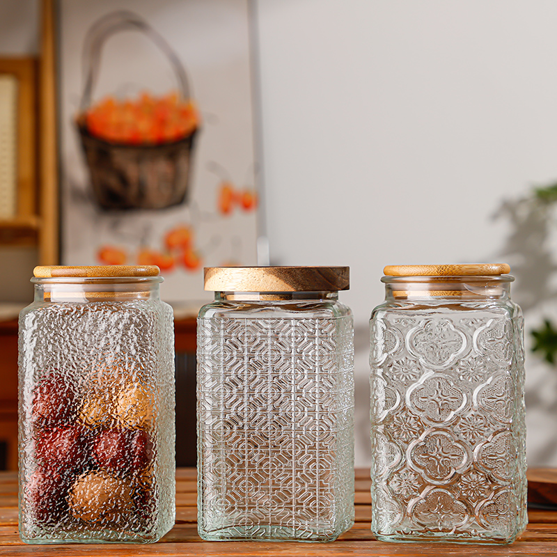 RX036 Vintage Relief Glass Storage Jar - Square & Round Shapes with Wood Lid