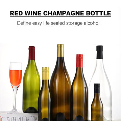 Premium glass wine and champagne bottles in antique green, amber, and clear, 187ml to 1500ml