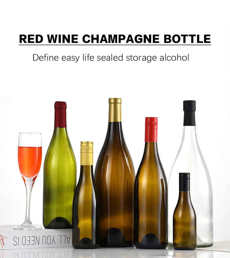 Premium glass wine and champagne bottles in antique green, amber, and clear, 187ml to 1500ml