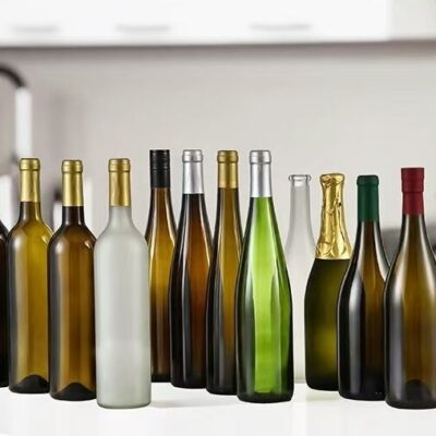 Premium glass wine and champagne bottles in antique green, amber, and clear, 187ml to 1500ml