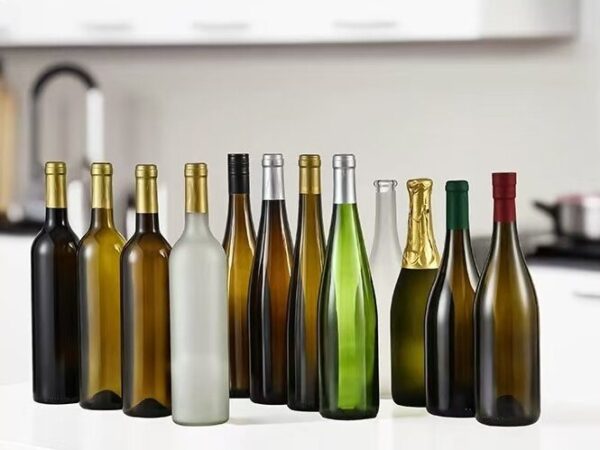 Premium glass wine and champagne bottles in antique green, amber, and clear, 187ml to 1500ml
