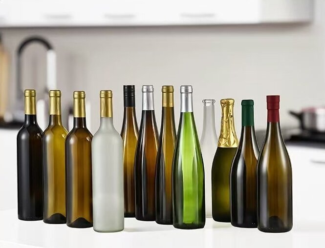 Premium glass wine and champagne bottles in antique green, amber, and clear, 187ml to 1500ml