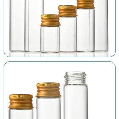 Clear borosilicate glass vial with luxury gold aluminum screw cap