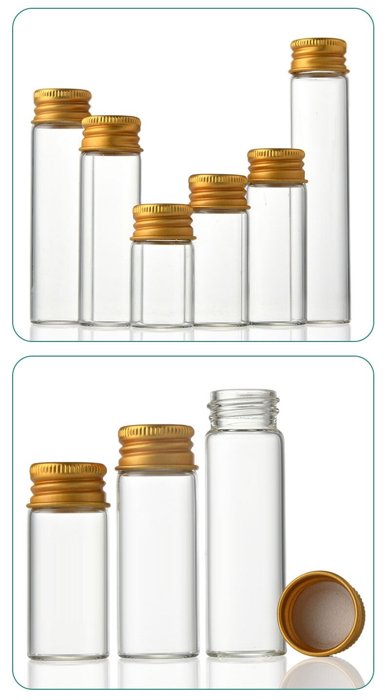 Clear borosilicate glass vial with luxury gold aluminum screw cap