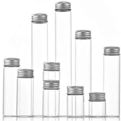 Clear borosilicate glass vials with silver aluminum screw caps, 5ml to 20ml+