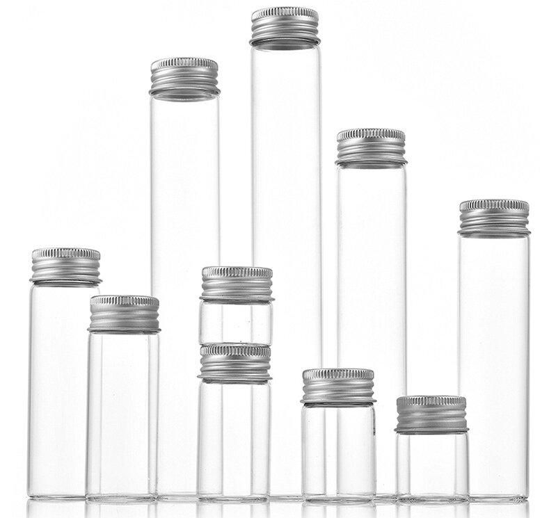 Clear borosilicate glass vials with silver aluminum screw caps, 5ml to 20ml+