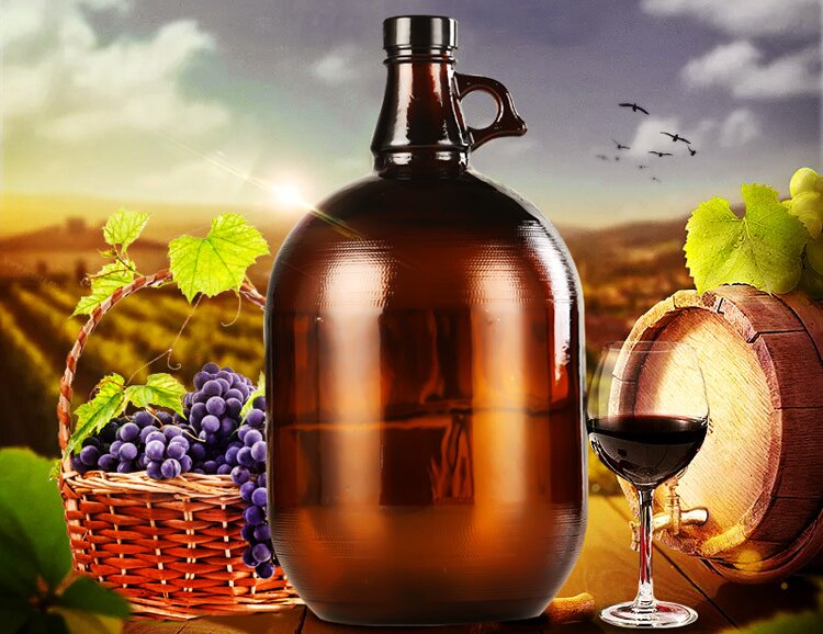 Amber and clear California glass jugs with finger handle for fermentation and storage, 500ml to 5000ml