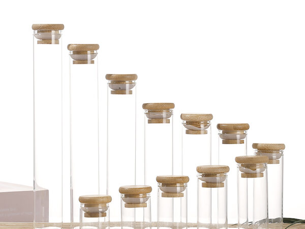 Eco-friendly glass vials with various wood grain and natural wood lids