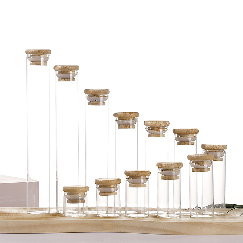 Eco-friendly glass vials with various wood grain and natural wood lids