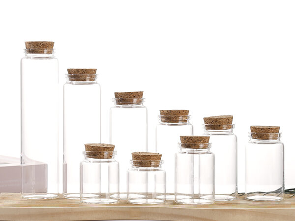 Borosilicate glass vial with bayonet neck and natural cork stopper
