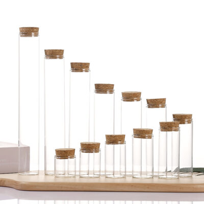 Clear borosilicate glass vials with straight mouth and natural cork stoppers, 10ml to 110ml