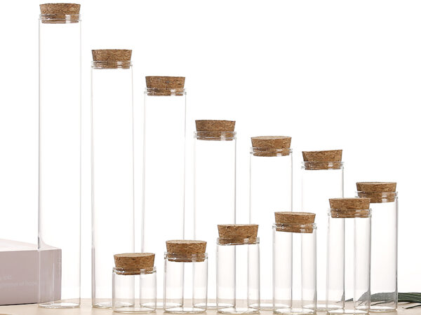 Clear borosilicate glass vials with straight mouth and natural cork stoppers, 10ml to 110ml