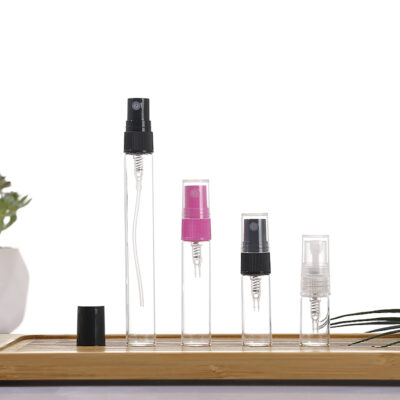 Refillable borosilicate glass spray vials with screw neck and black/clear mist pumps, 1ml to 10ml
