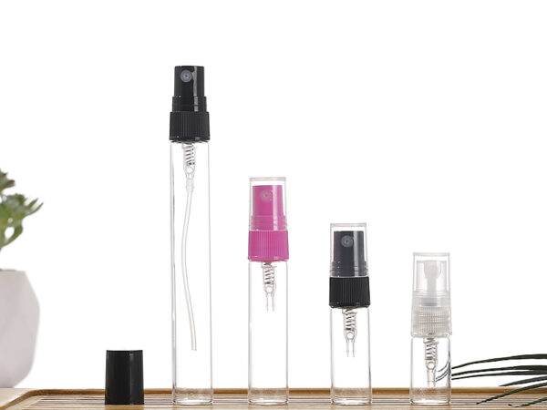 Refillable borosilicate glass spray vials with screw neck and black/clear mist pumps, 1ml to 10ml