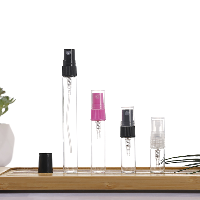 Refillable borosilicate glass spray vials with screw neck and black/clear mist pumps, 1ml to 10ml