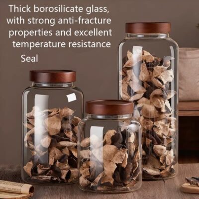 RX0239 extra large clear borosilicate glass kitchen canisters with acacia wood screw lids for bulk food storage